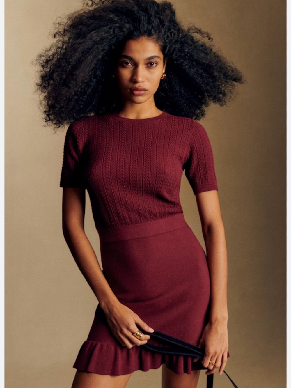 NWOT Sezane Ribbed Knit Short Sleeve Dress in Burgundy SZ: XS